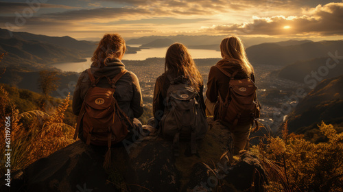 Peak Delight: Three Adventurous Souls Embrace the Sunset View. Generative AI