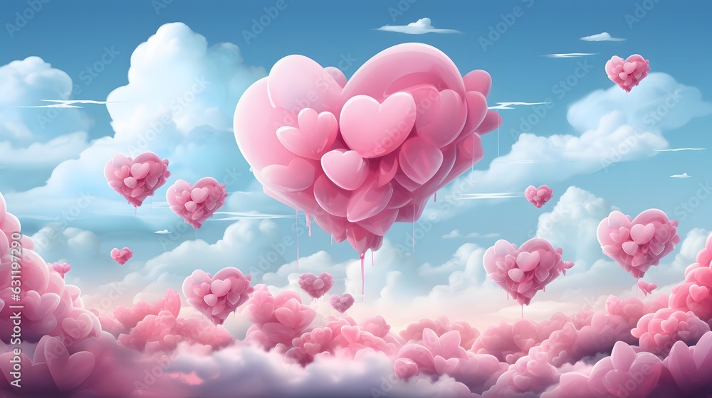 Valentine's day background with pink heart shaped balloons and clouds. Beautiful colorful valentine day heart in the clouds as abstract background. 