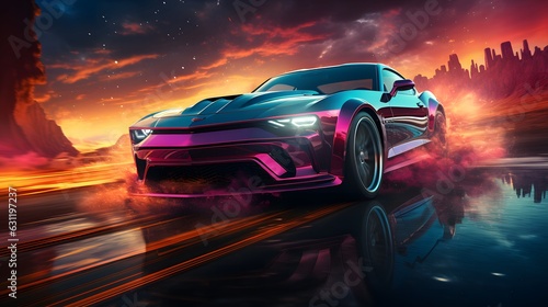 Sports car on the road in the night. Modern car on the road at sunset. 3d render illustration.