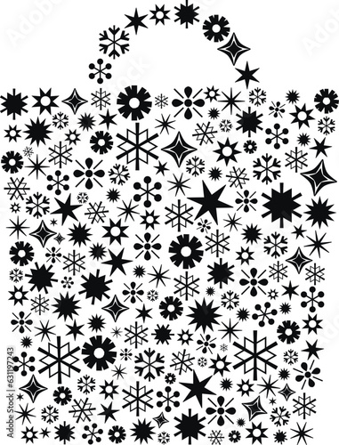 Black shopping bag vector illustration composed of stars and snowflake icons, isolated on white background, set icon (ID: 631197243)