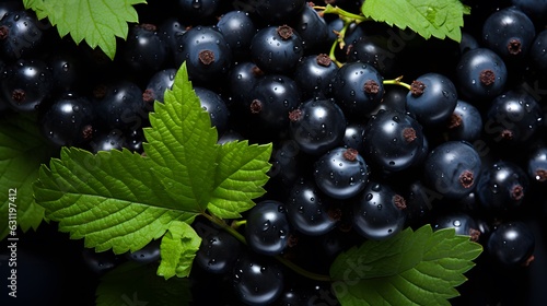 Fresh black currant background. Top view. Close up of fresh black currants background. Healthy food concept. Beautiful selection of freshly picked ripe black currants. photo