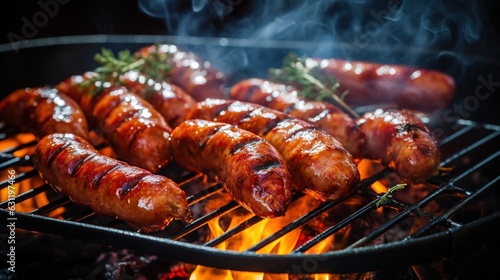Generative AI, Grilled sausages on a plate, dark background, barbeque food