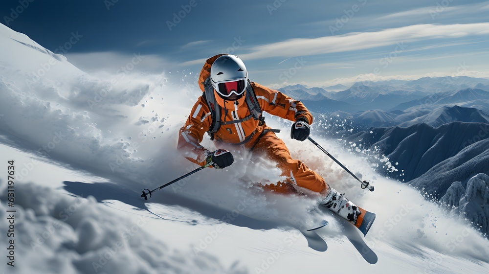 Skier skiing downhill in high mountains. 
