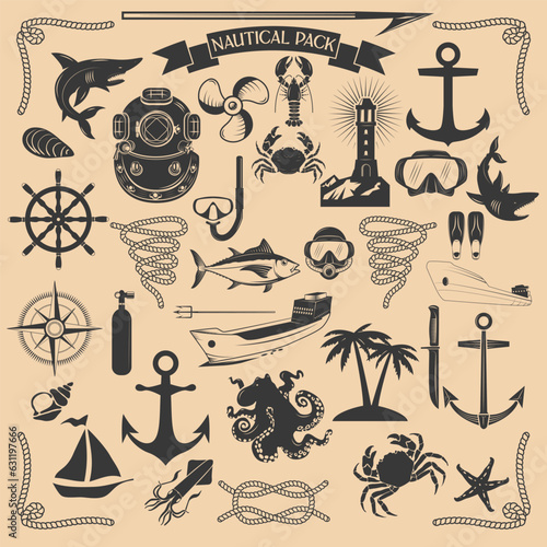 Vector pack of nautical elements. Rope swirls, logos and badges
