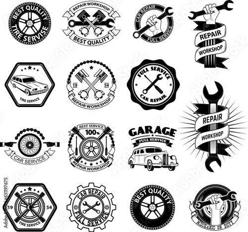 Logo for repair workshop. Emblem mechanics. Tools mechanics - open-end wrench, adjustable wrench. Hand with  a spanner. Logo workshop in the old school style.