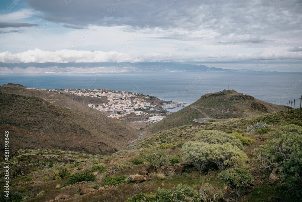 Scenic view of a cloudy day on the seashore of a quaint coastal town, La Gomera, Canary Islands