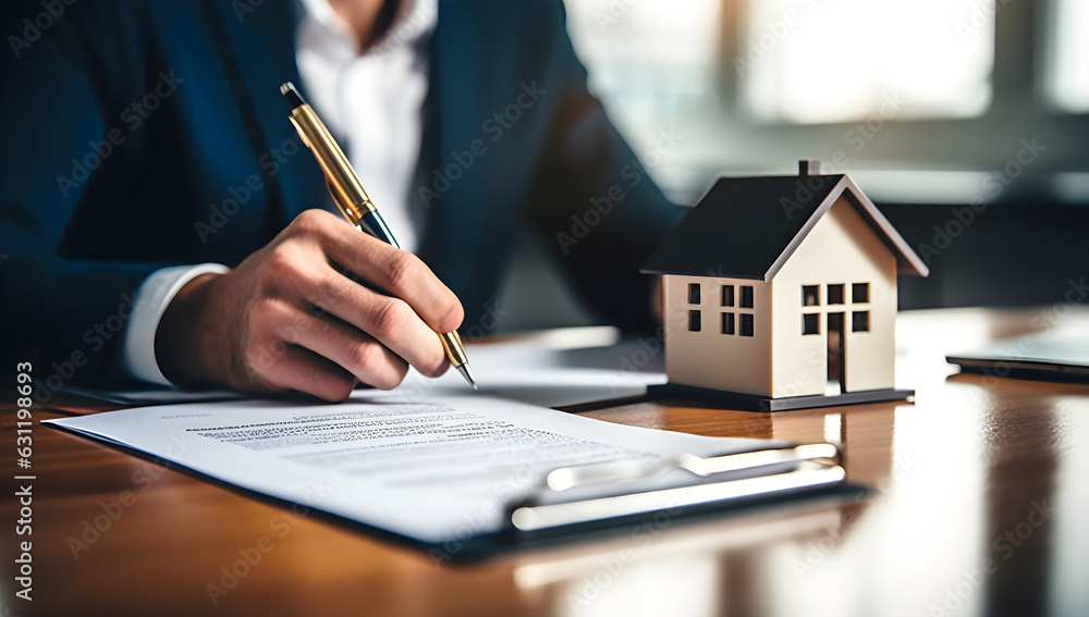 Fototapeta premium Real estate home buyers are signing a home purchase after signing a contract at the agent's desk. Home loan and insurance property concept. Buy and sell home model.