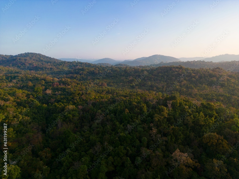 Drone view of Virachey National Park on a sunny day in Cambodia