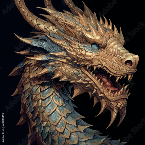 Head of Fantasy Dragon. Ferocious monster. Vicious dragon with a gaping maw. Beast. Creature. Fierce. Angry. Vector illustration.