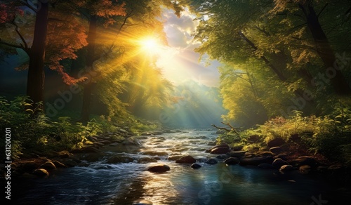 a stream in the forest with sun rays and sunlight Generative AI