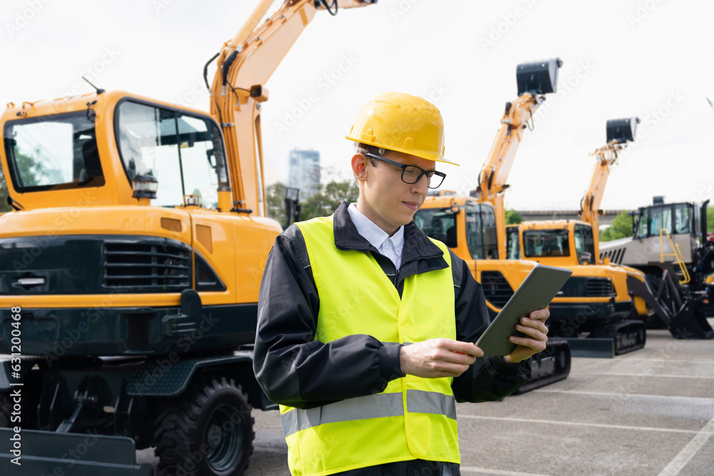 Engineer in a helmet with a digital tablet stands next to construction excavators Engineer in a helmet with a digital tablet stands next to construction excavators
