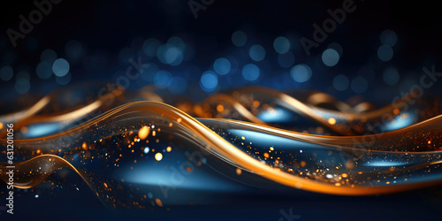 Abstract background with gold and blue waves and bokeh with copy space
