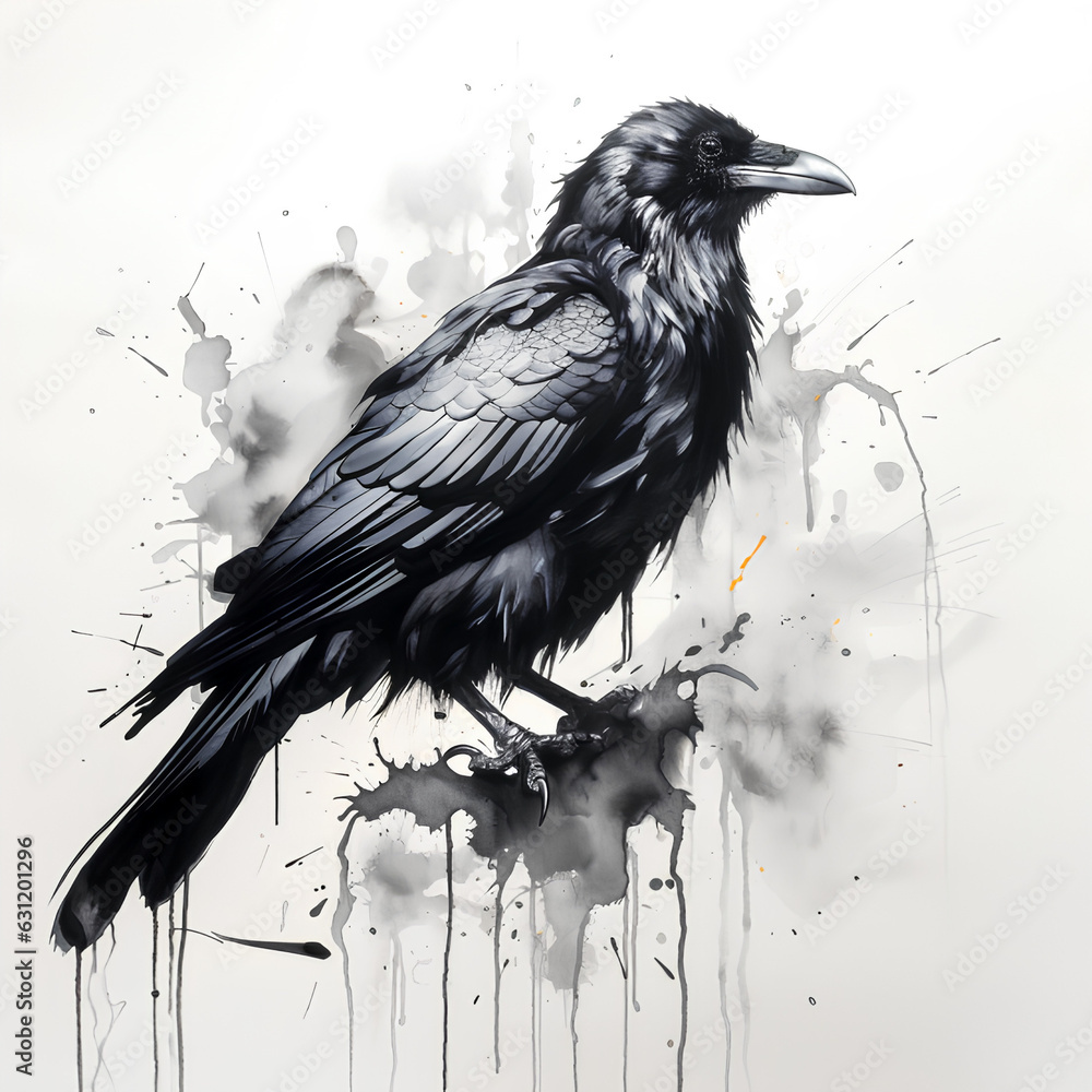 Fototapeta premium crow, black and white watercolor drawing, white background