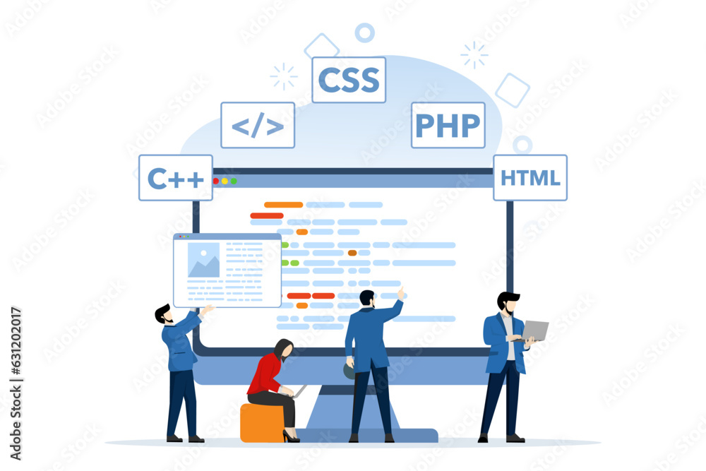 Web Development concept, characters are designing and developing websites and apps, responsive web design, website interfaces, coding and programming, flat vector illustration on background. Web Development concept, characters are designing and developing websites and apps, responsive web design, website interfaces, coding and programming, flat vector illustration on background.