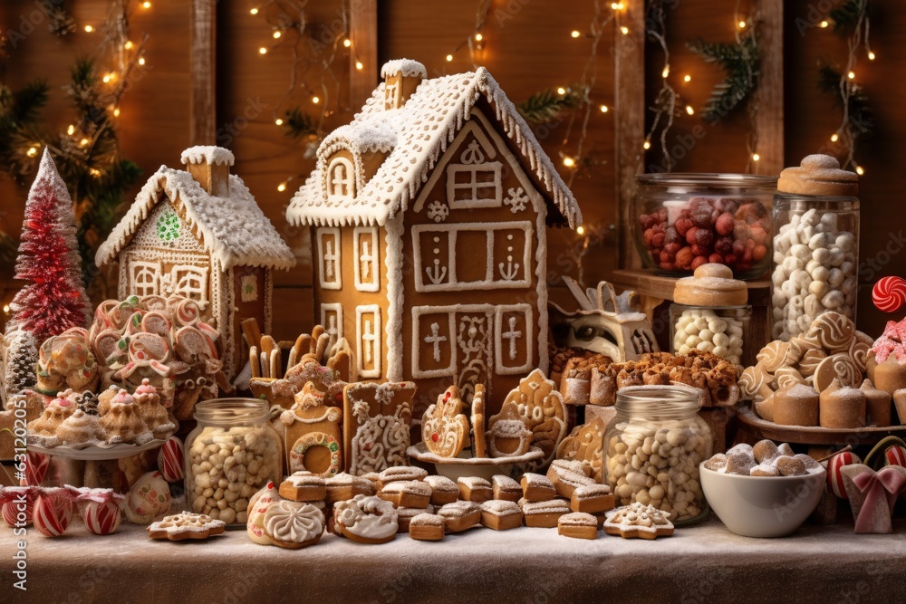 Christmas gingerbread houses on wooden table with bokeh background.. Pastries in the form of houses. Festive scene with holiday pastries. Christmas and New Year background. Christmas gingerbread houses on wooden table with bokeh background.. Pastries in the form of houses. Festive scene with holiday pastries. Christmas and New Year background.
