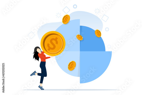 Businesswoman holding dollar coins. taxpayers, tax burden, taxation, Vector illustration for web banners, infographics, mobile. fiscal policy, budget planning. flat vector illustration on background.