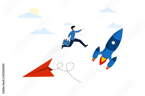 innovation concept to help success or career change to a new path, way or alternative direction, Transform into a better company, ambitious entrepreneur jumps from old origami airplane to grow rocket.