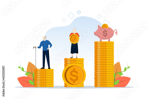 Concept of retirement savings, insurance pension, funded pension, investment. Elderly, retired couple standing beside piggy bank and coins. Vector illustration in flat design on white background.