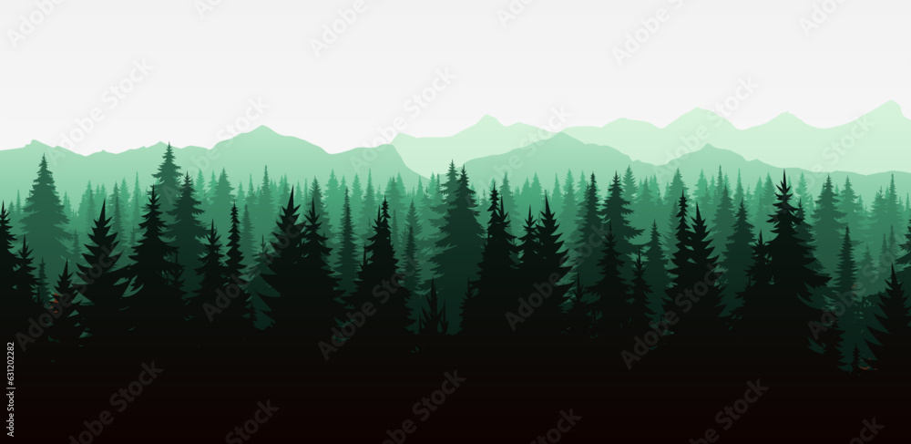 A beautiful vector illustration of a misty forest landscape with ...