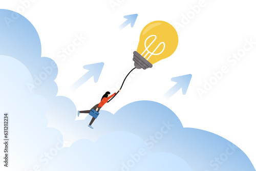 Innovation Concept. Business woman flying with light bulb. Business growth. Motivation and Success. Achievement, developing a business in a successful way. Continue. Flat vector illustration.