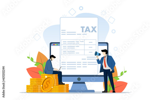 Online Tax Payment Vector Illustration Concept, person filling tax form, person submitting tax digitally via website, Suitable for web landing page, ui, mobile app, flyer, banner, etc.