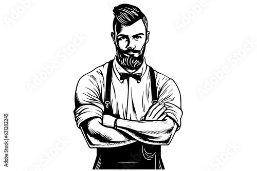 Hand drawn portrait of bearded man with crossed arms. Hipster ink sketch. Logotype vector illustration.