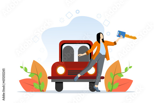Car buying concept, car purchase, car financing. People buy cars. Clients are happy to buy new cars. Vehicle rental. Vector illustration in flat design for web banners, UI. Vector illustration.