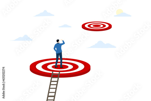 concept Challenging higher achievement or target, way forward or next level, business goal or aspiration, successful entrepreneur climbing ladder of goal achievement and looking for next bigger step.