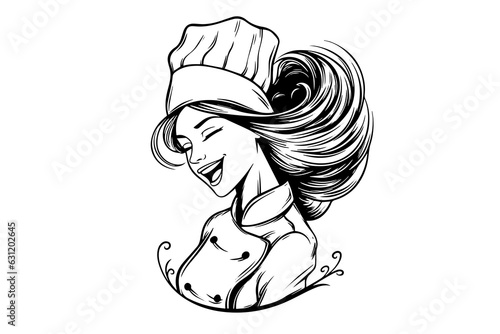 Smiley woman chef ink sketch in engraving style.  Drawing young female vector illustration.