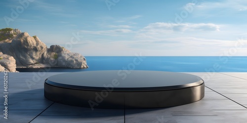 Empty round black podium on stone platform with sea © Jing