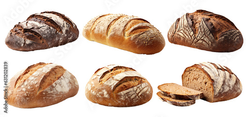 Verschiedene deutsch Brote, Bauernbrot, Vollkornbrot, Schwarzbrot, freigestellt, isoliert, png, generative KI