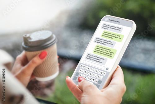 Woman texting with phone outdoors. Text message with smartphone