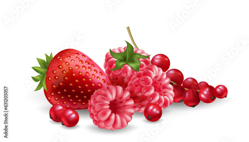 A vibrant heap of red berries raspberry, strawberry, and redcurrant. Fresh, juicy, and realistic fruit illustration for food juice, dessert, jelly, candy, ice cream and graphic design projects.