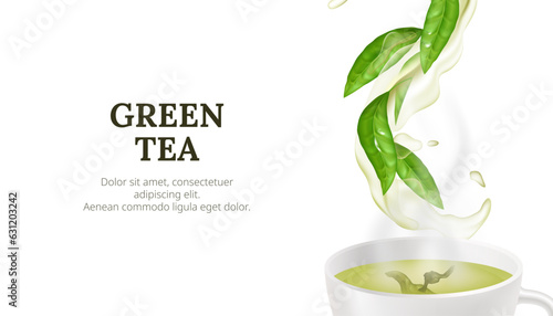 Vector illustration of a hot cup of green tea with a fresh leaf. Healthy and aromatic beverage concept with natural and organic elements on a white background. Liquid splashing water flow.