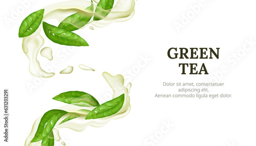 Refreshing green tea with green leaf. Vector banner of flowing liquid, transparent, and realistic. Splashing droplets in 3D motion. Fresh and organic beverage concept