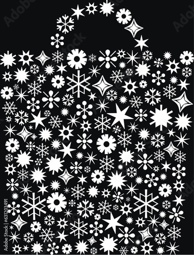 White shopping bag vector illustration composed of stars and snowflake icons, isolated on black background, set icon (ID: 631203491)