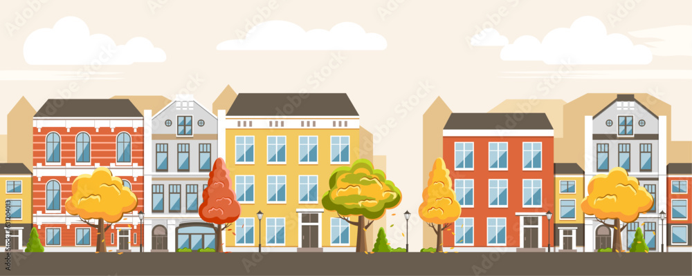Banner horizontal street with houses buildings in autumn yellowed trees lanterns near the road. Flat doodle style. Vector illustration.