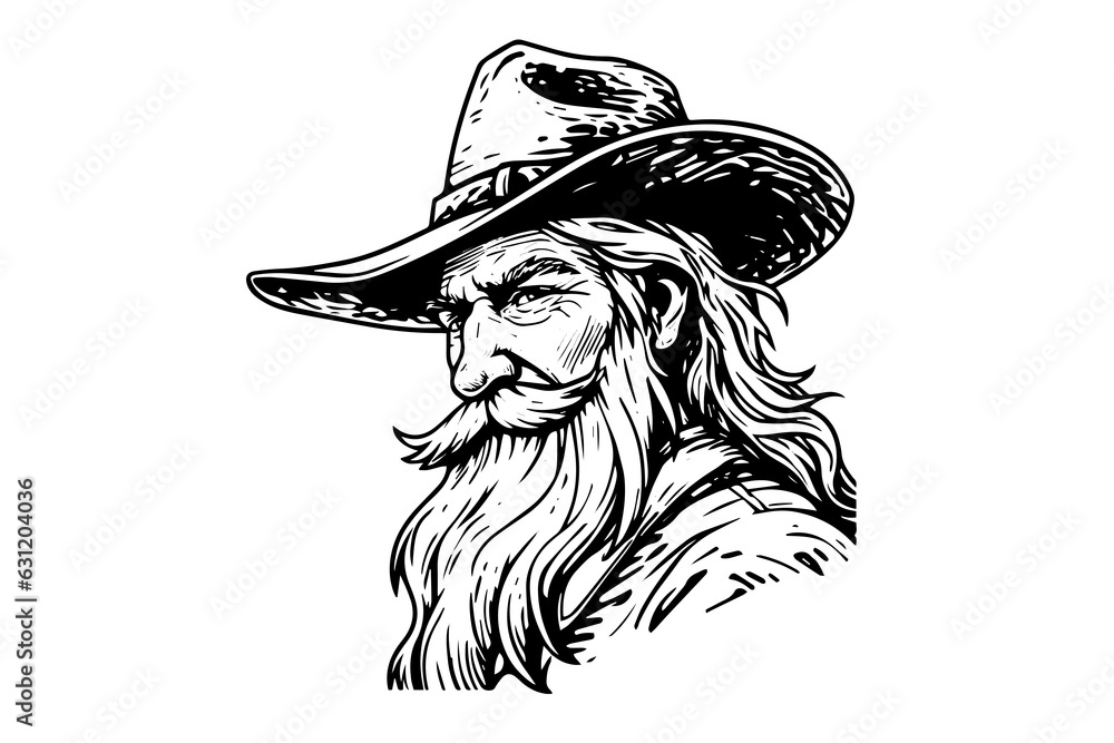 Old cowboy bust or head on hat in engraving style. Hand drawn ink sketch. Vector illustration. Old cowboy bust or head on hat in engraving style. Hand drawn ink sketch. Vector illustration.