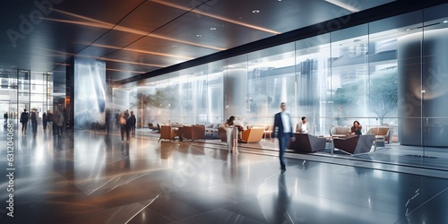 Long exposure banner of modern office lobby with business people