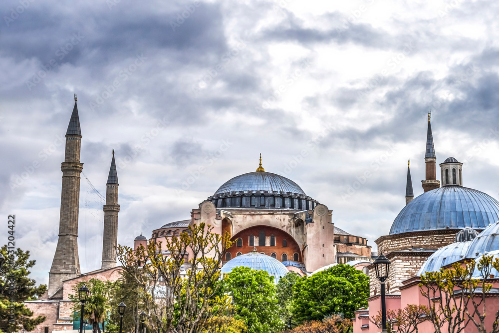 Naklejka premium Hagia Sophia Mosque Dome Minarets Trees Istanbul Turkey