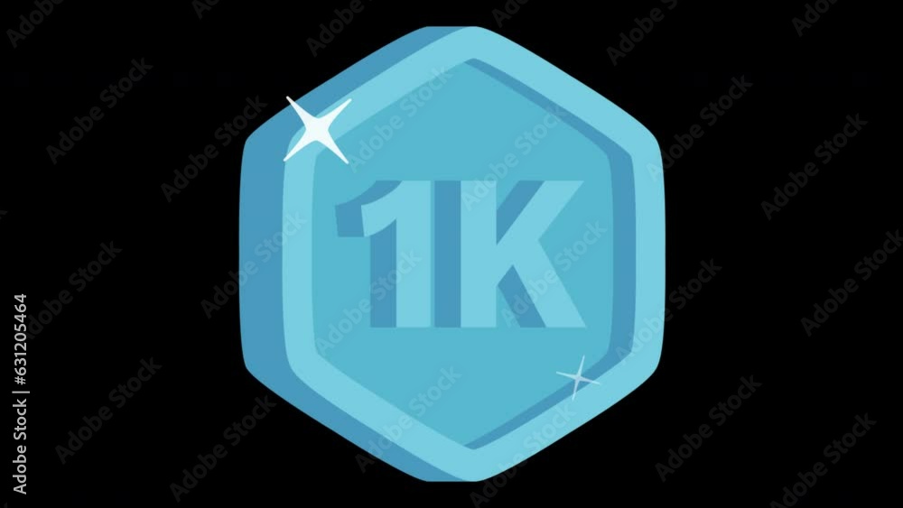 Blue hexagon 1K followers badge alpha channel animation video. 3D one thousand subscribers or views animated label for social and digital media projects. Sparkle motion design effect. Blue hexagon 1K followers badge alpha channel animation video. 3D one thousand subscribers or views animated label for social and digital media projects. Sparkle motion design effect.
