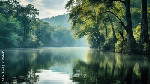  a body of water surrounded by trees and a forest filled with green leaves.  generative ai