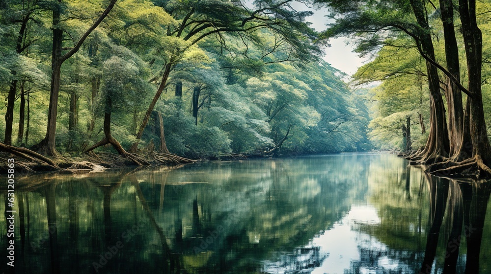  a painting of a river surrounded by trees and a forest.  generative ai