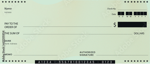 Blank bank cheque. Personal desk check template with empty field to fill.