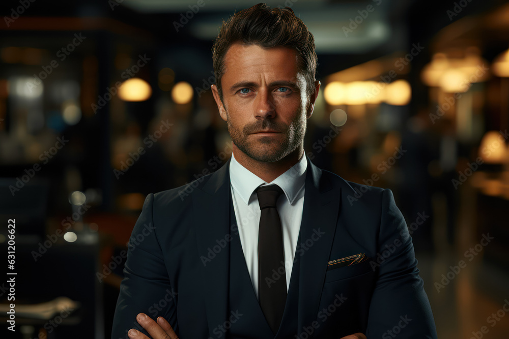 Fototapeta premium A serious man poses for a session as a businessman. Business and fashion concept. Generative Ai.