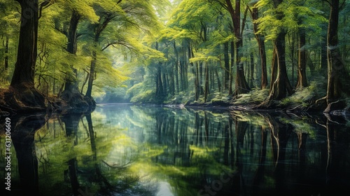  a painting of a forest with a river running through it.  generative ai
