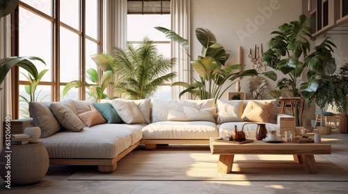 Cozy elegant boho style living room interior in natural colors. Comfortable corner couch with cushions, many houseplants, wooden coffee table, rug, home decor. 3D rendering.