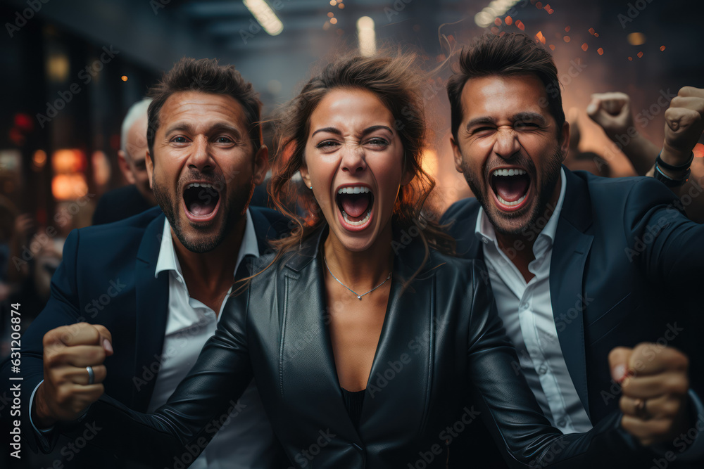 The great joy of the team of employees, the achievement of success, the joy of achieving goals and set projects. Business success concept. Generative Ai. The great joy of the team of employees, the achievement of success, the joy of achieving goals and set projects. Business success concept. Generative Ai.