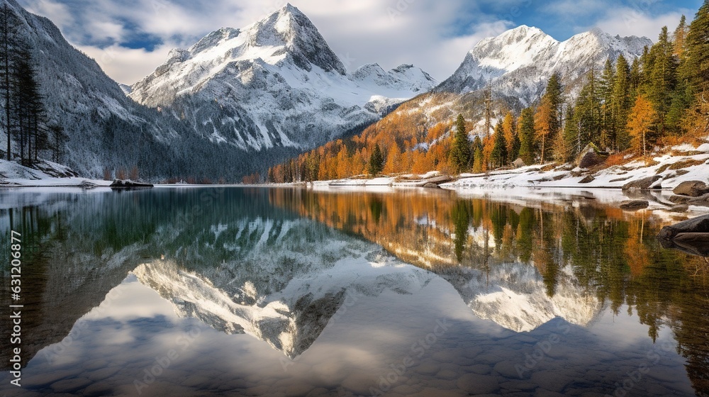  a mountain range is reflected in a lake surrounded by trees.  generative ai