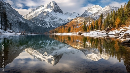  a mountain range is reflected in a lake surrounded by trees. generative ai